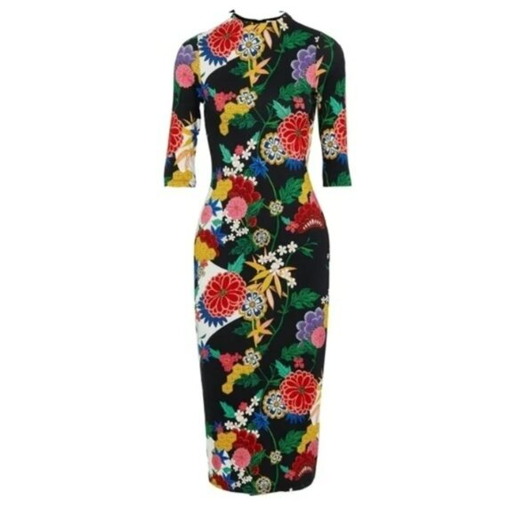 Alice + Olivia Delora Mock Neck Fitted Dress Valley Lake Floral Black. SZ 8 - Picture 4 of 7
